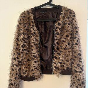 Fuzzy eyelash leopard print bomber jacket -- size L